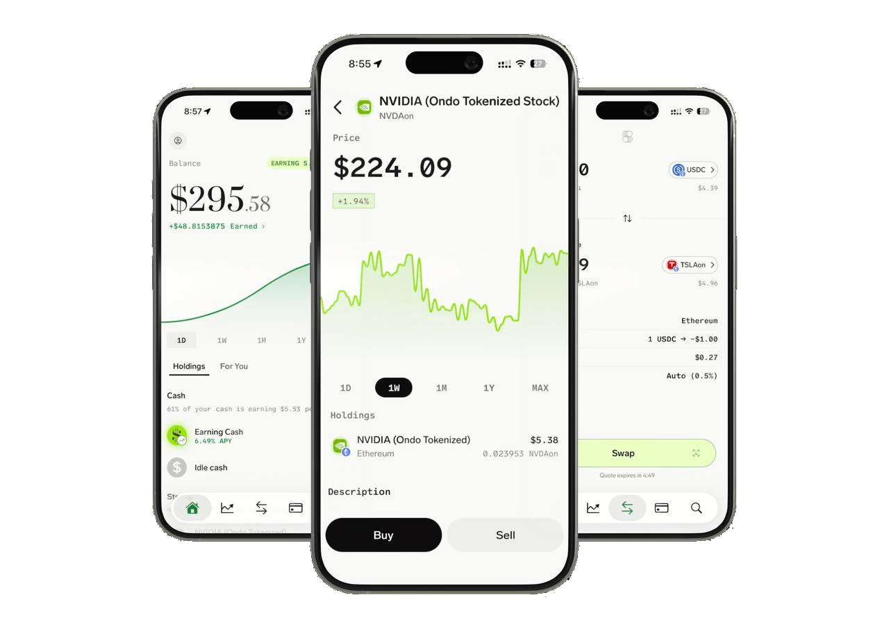 Three Superform app screens showing balance, NVIDIA stock, and a swap